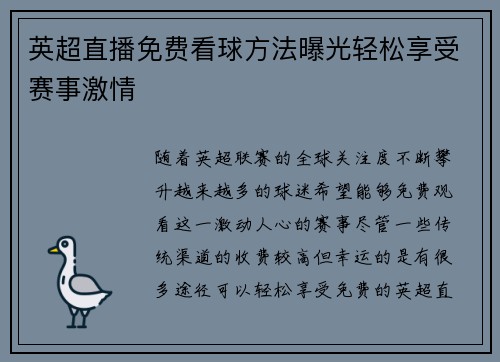 英超直播免费看球方法曝光轻松享受赛事激情